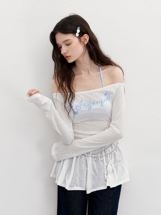 Off-Shoulder Peplum Top With Sequin Lettering