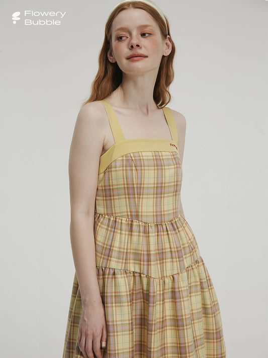 Paneled Plaid Strapped Midi Dress