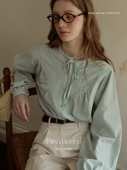 Gathered Lace Blouse With Tie Neck