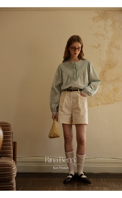 Gathered Lace Blouse With Tie Neck