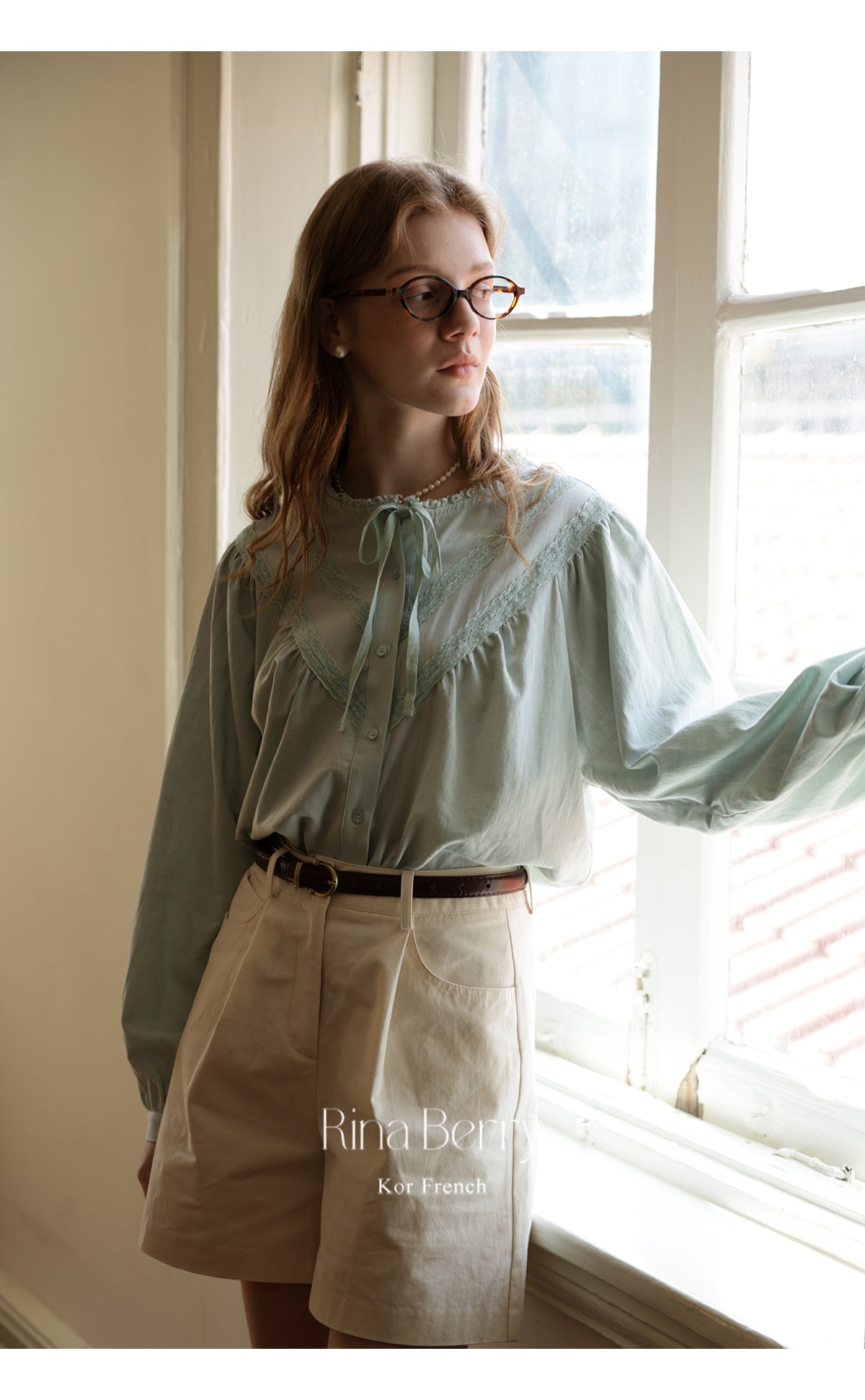 Gathered Lace Blouse With Tie Neck