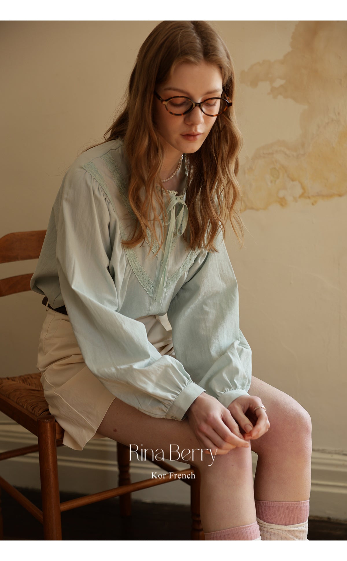 Gathered Lace Blouse With Tie Neck