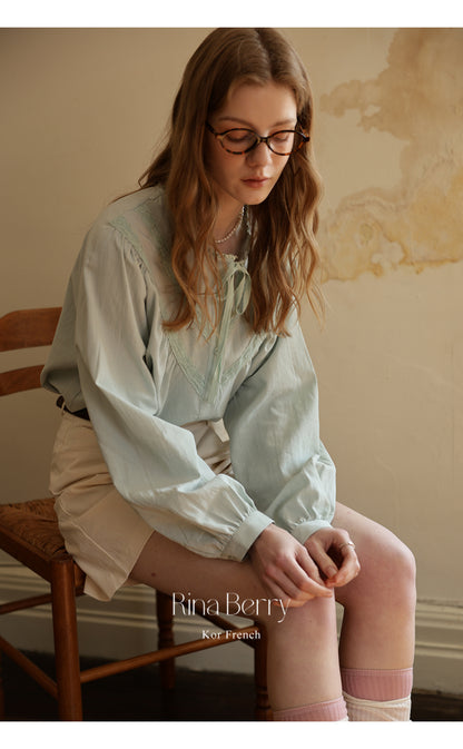 Gathered Lace Blouse With Tie Neck