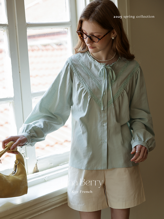 Gathered Lace Blouse With Tie Neck