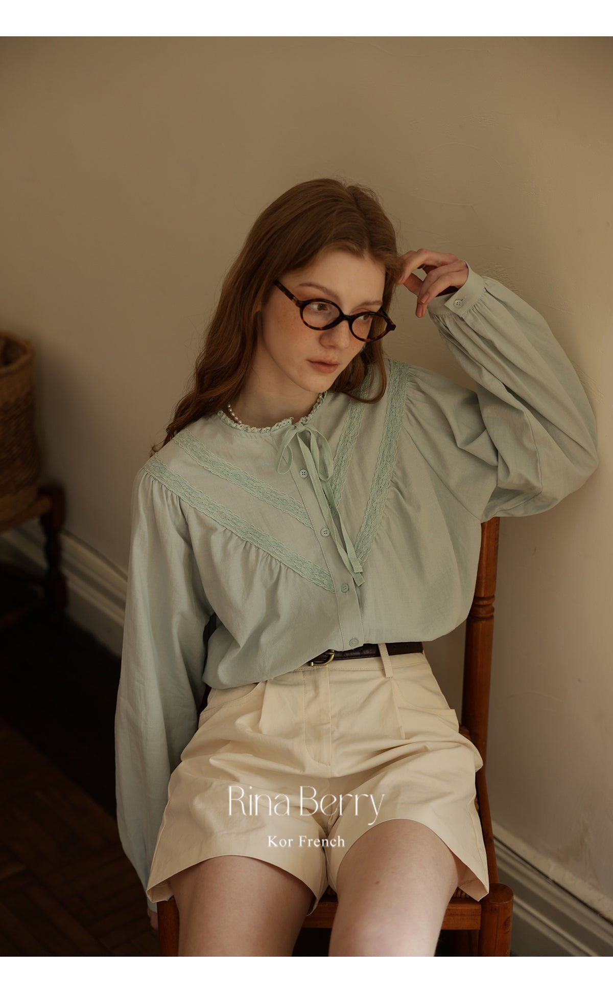 Gathered Lace Blouse With Tie Neck