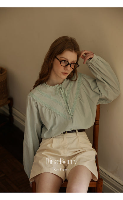 Gathered Lace Blouse With Tie Neck