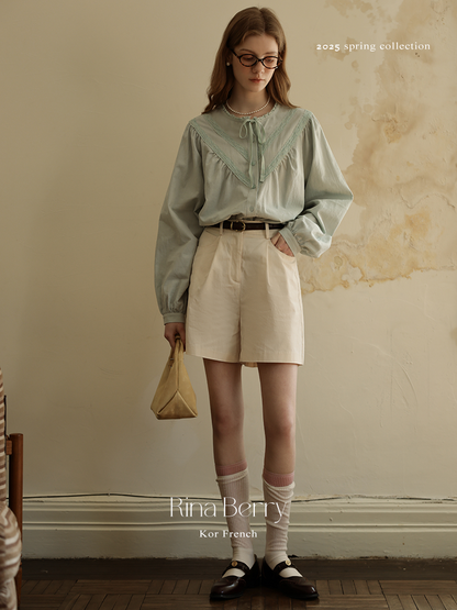 Gathered Lace Blouse With Tie Neck