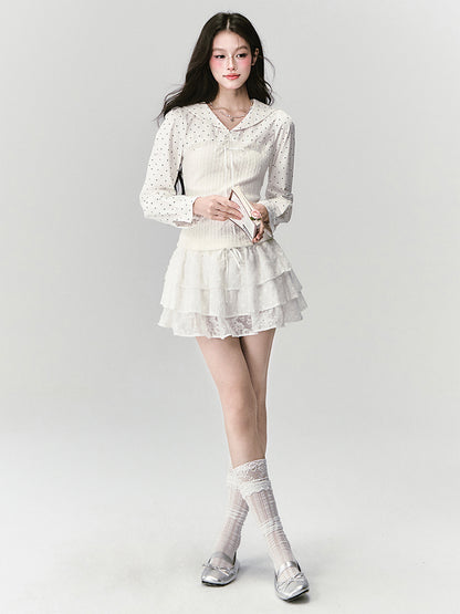 Sailor-Collar Polka Dot Knit-Panel Blouse