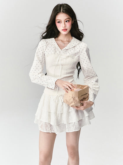 Sailor-Collar Polka Dot Knit-Panel Blouse