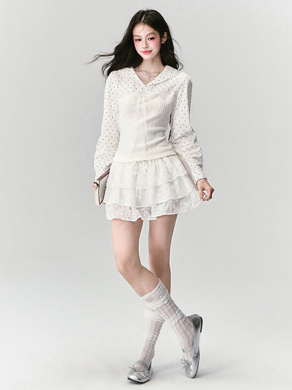 Sailor-Collar Polka Dot Knit-Panel Blouse