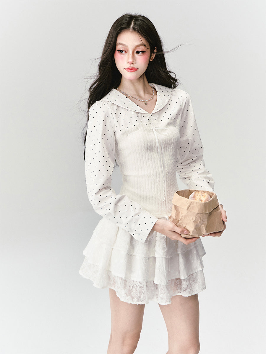 Sailor-Collar Polka Dot Knit-Panel Blouse