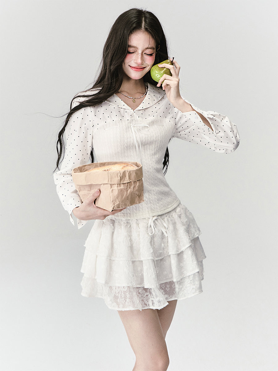 Sailor-Collar Polka Dot Knit-Panel Blouse