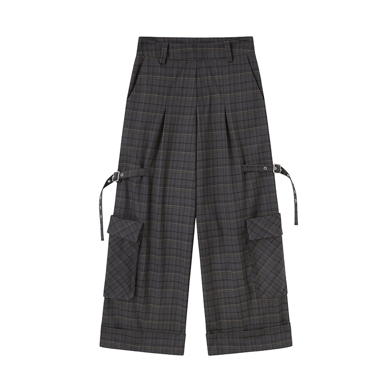 Plaid Pants With Straps And Large Pocket Accent