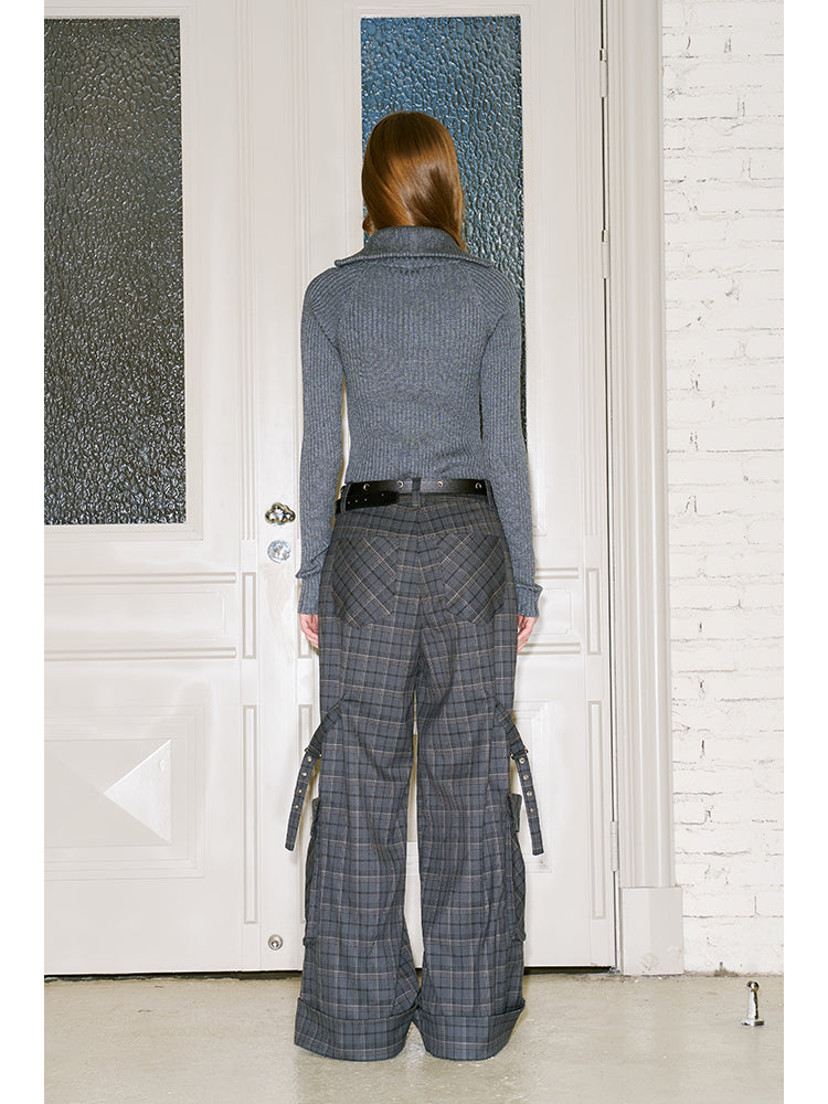 Plaid Pants With Straps And Large Pocket Accent