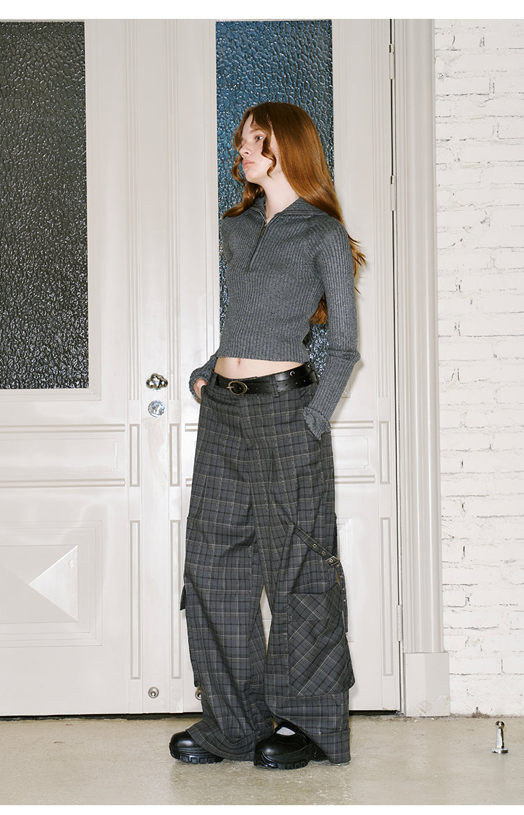 Plaid Pants With Straps And Large Pocket Accent