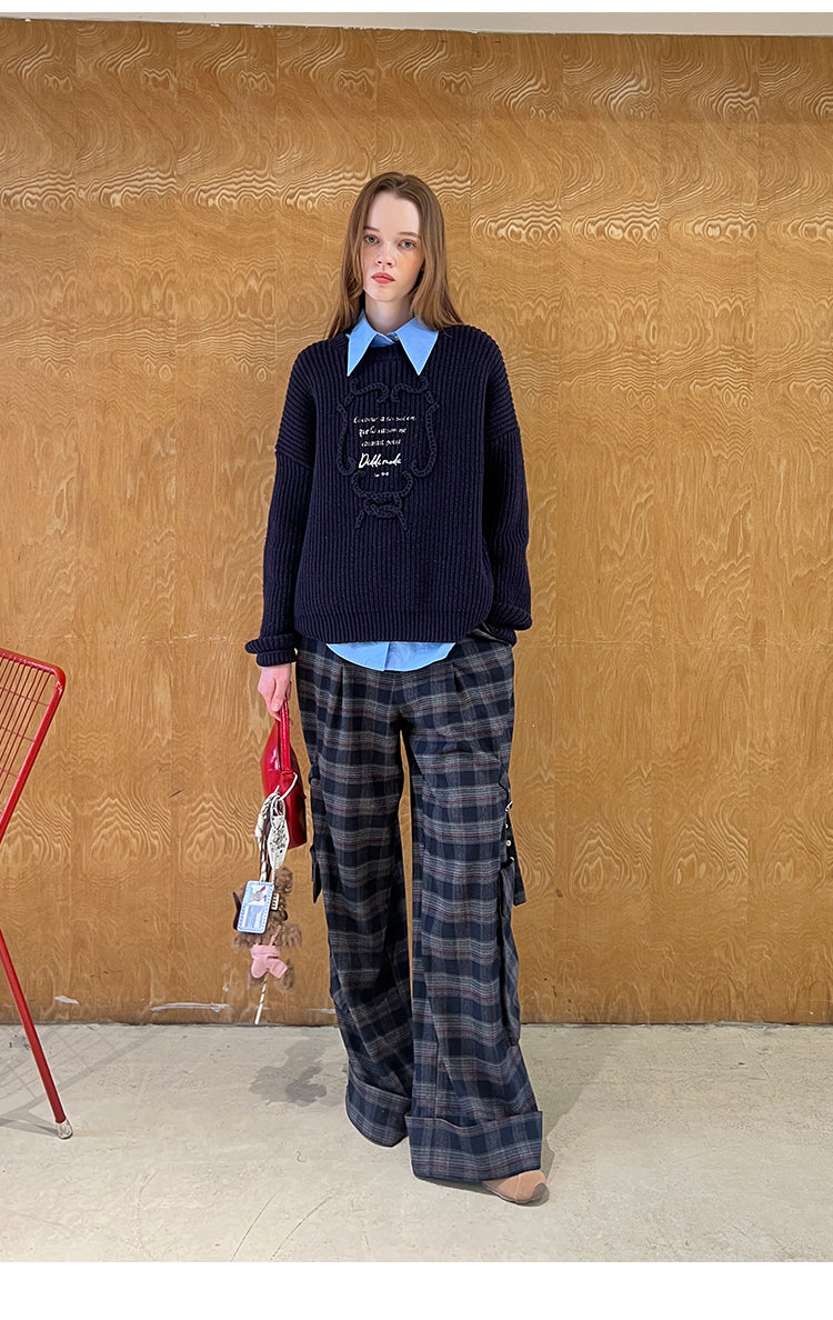 Plaid Pants With Straps And Large Pocket Accent