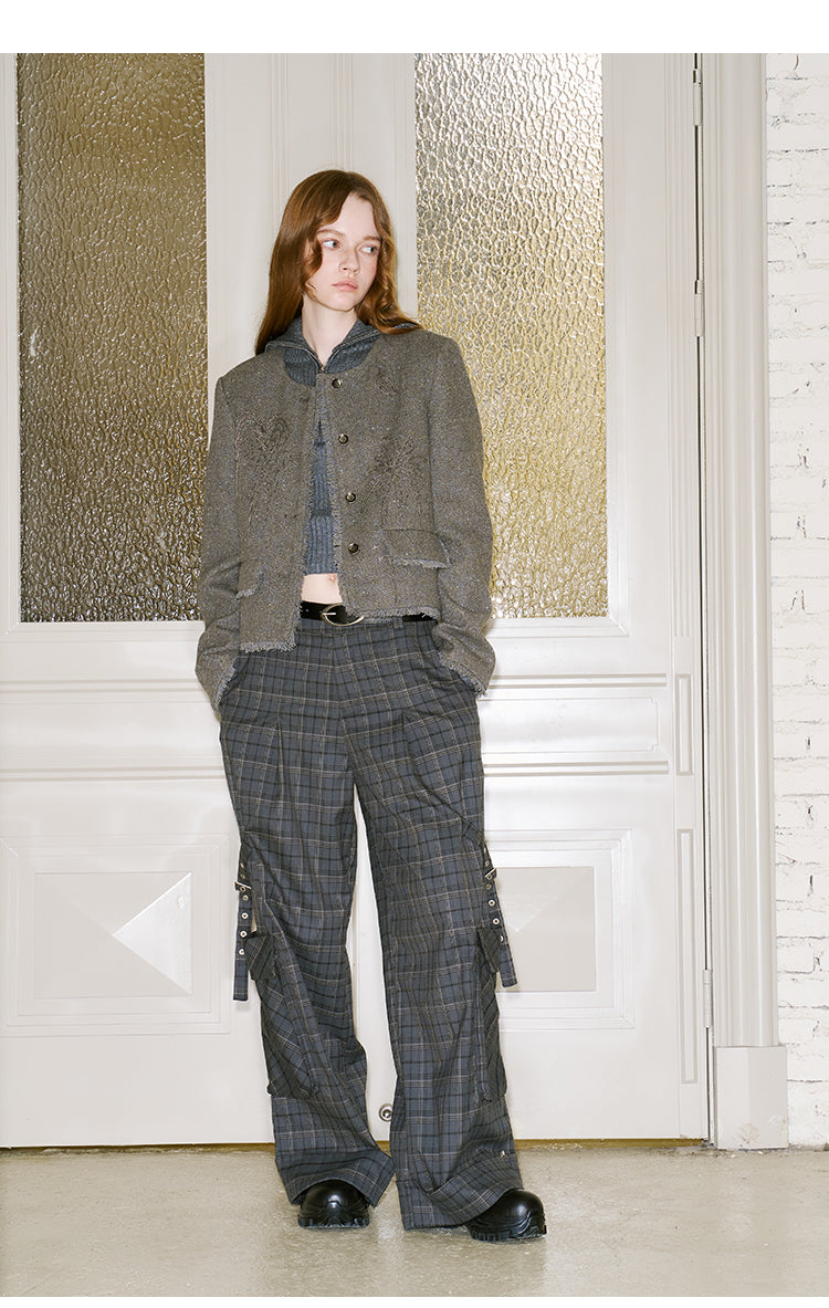 Plaid Pants With Straps And Large Pocket Accent