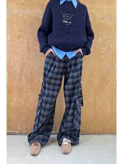 Plaid Pants With Straps And Large Pocket Accent