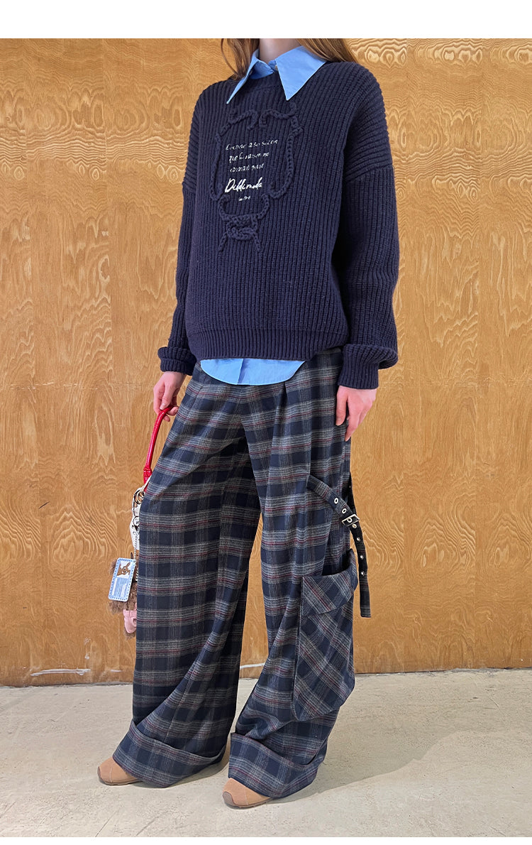 Plaid Pants With Straps And Large Pocket Accent