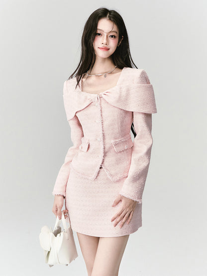 Bow Motif Fitted Tweed Top And Skirt