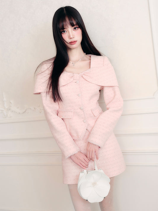 Bow Motif Fitted Tweed Top And Skirt