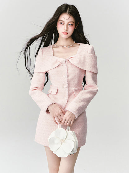 Bow Motif Fitted Tweed Top And Skirt