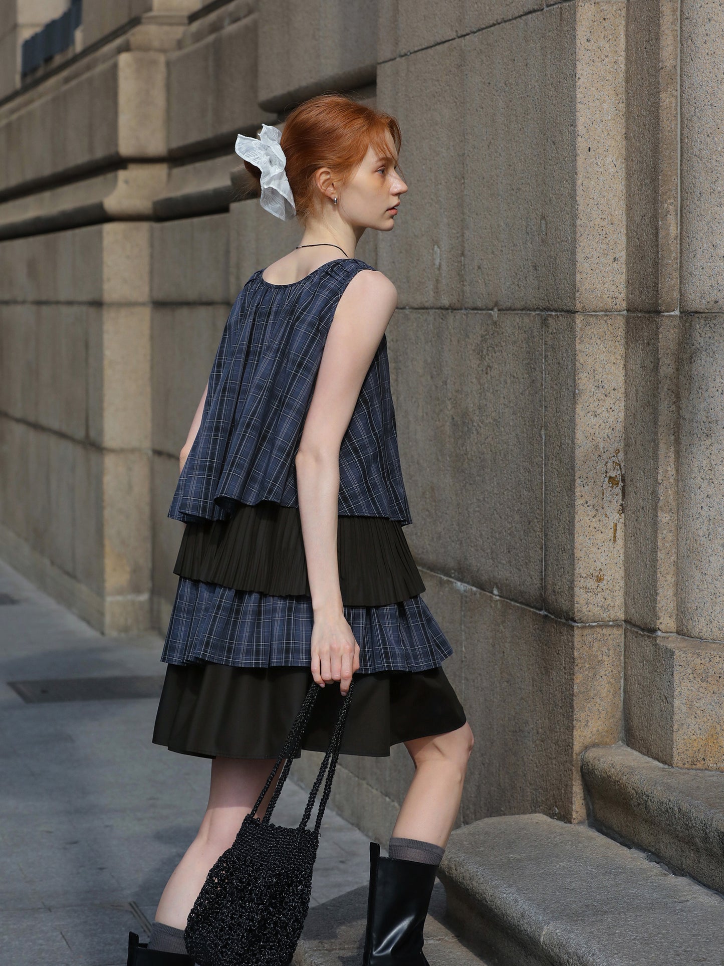 Plaid Two-Tone Tiered Dress With Ruched Shoulders