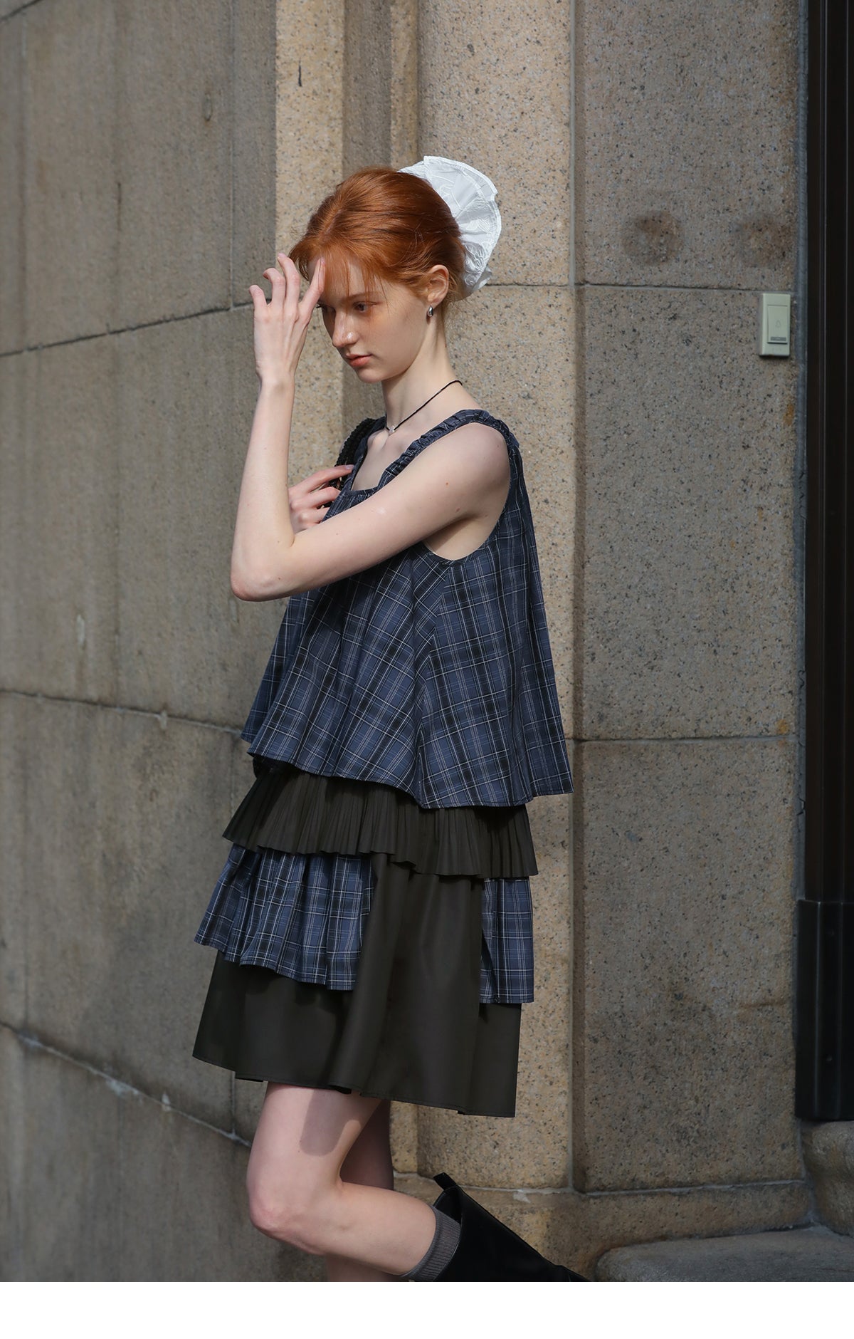 Plaid Two-Tone Tiered Dress With Ruched Shoulders