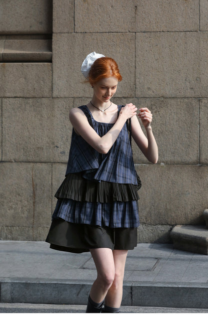 Plaid Two-Tone Tiered Dress With Ruched Shoulders