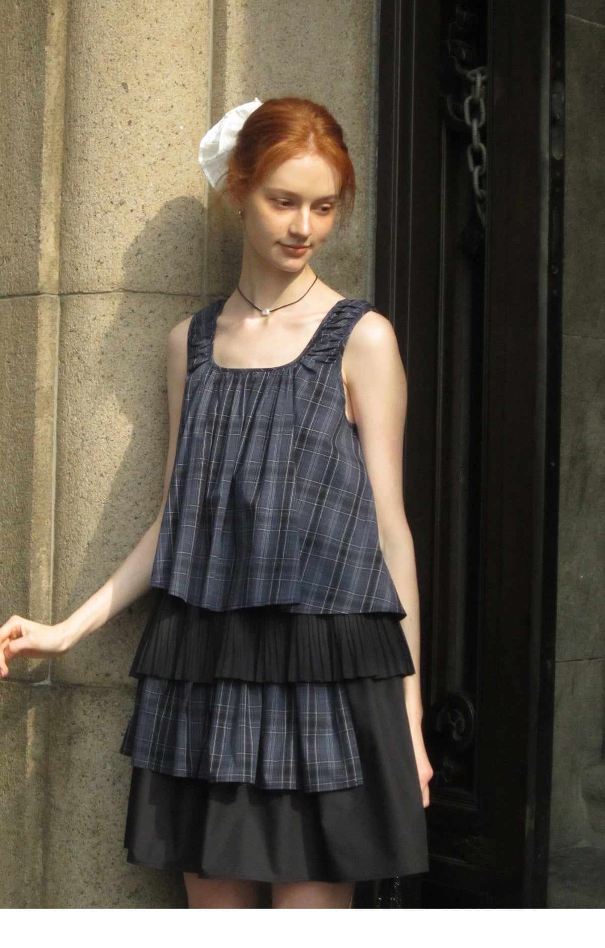 Plaid Two-Tone Tiered Dress With Ruched Shoulders