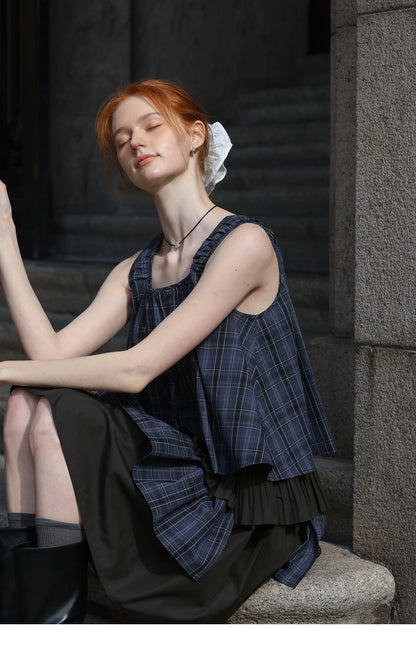 Plaid Two-Tone Tiered Dress With Ruched Shoulders