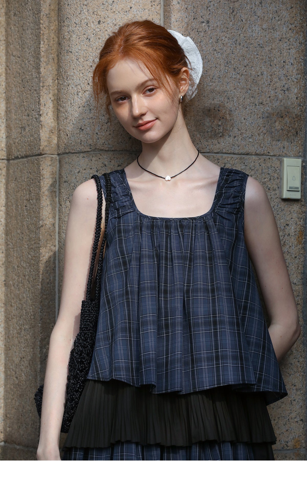 Plaid Two-Tone Tiered Dress With Ruched Shoulders