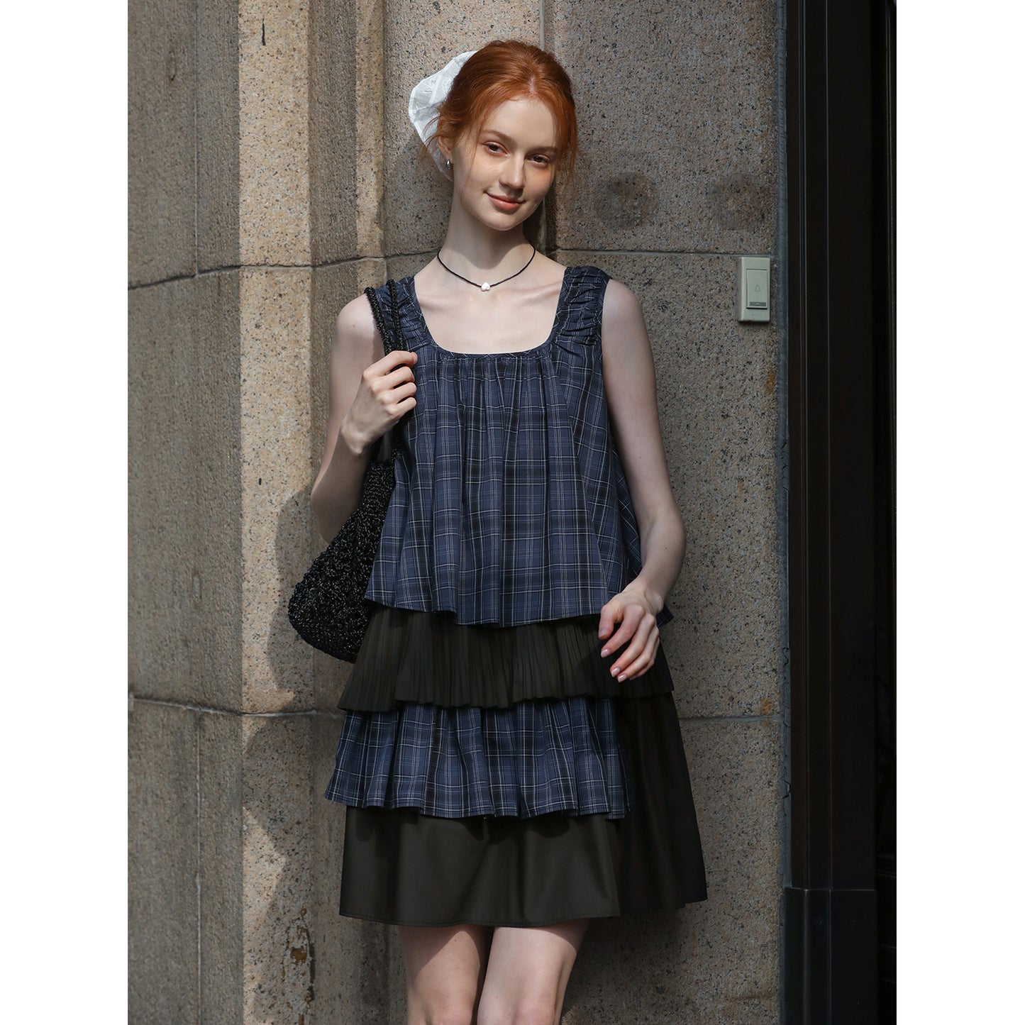Plaid Two-Tone Tiered Dress With Ruched Shoulders