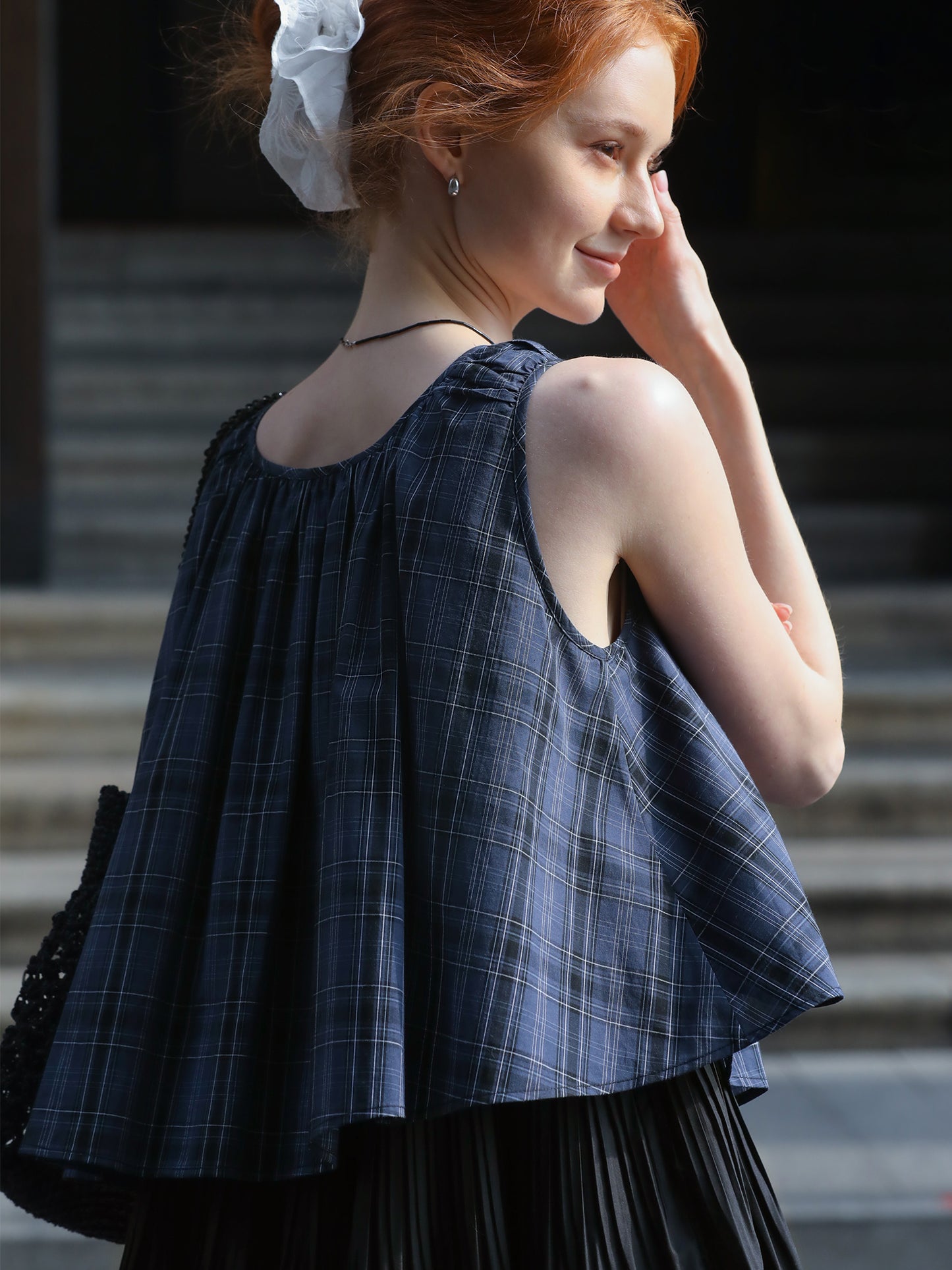 Plaid Two-Tone Tiered Dress With Ruched Shoulders