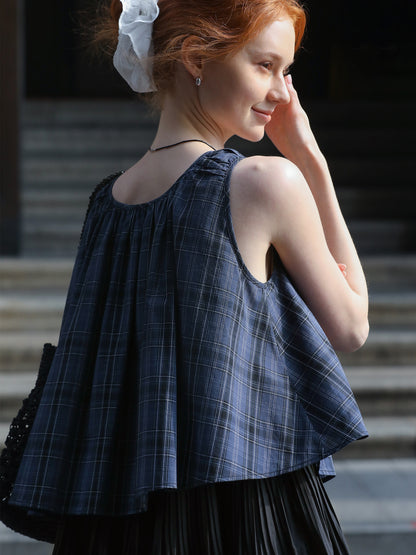 Plaid Two-Tone Tiered Dress With Ruched Shoulders
