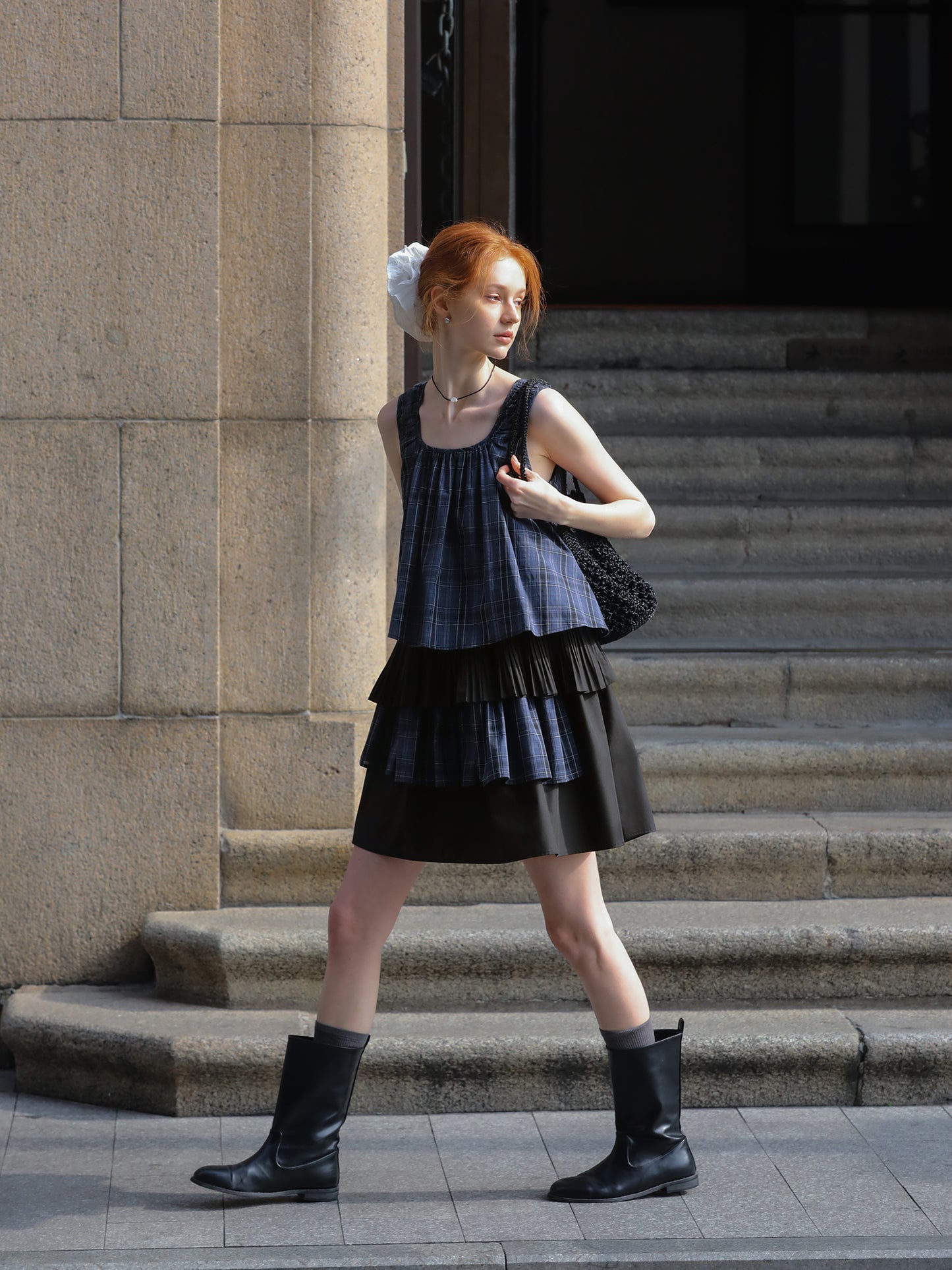 Plaid Two-Tone Tiered Dress With Ruched Shoulders