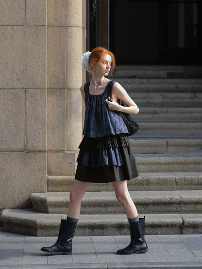 Plaid Two-Tone Tiered Dress With Ruched Shoulders