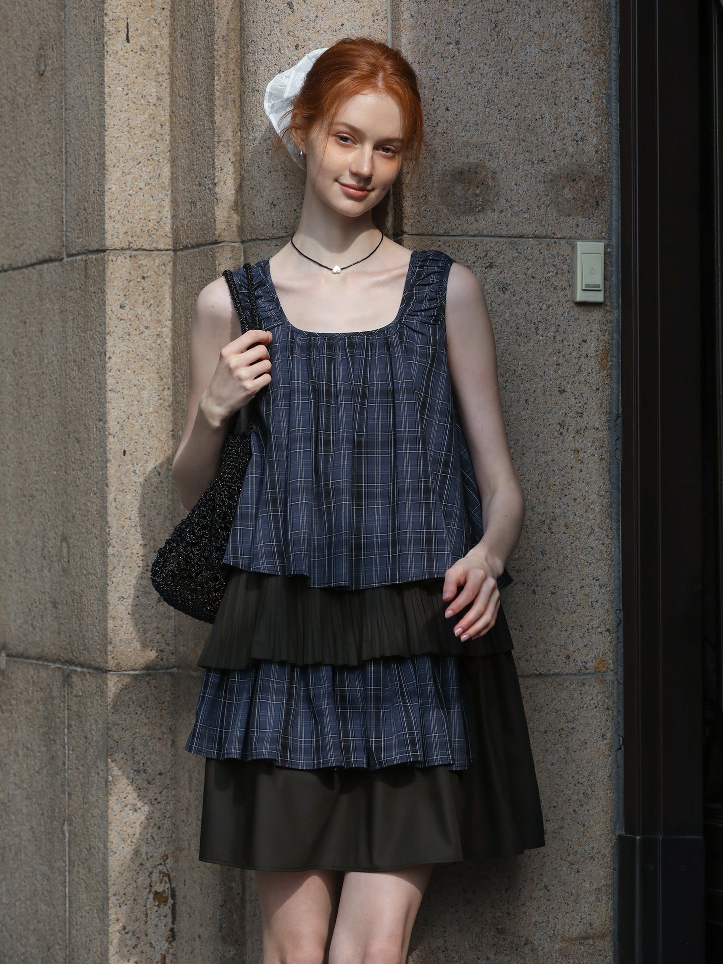 Plaid Two-Tone Tiered Dress With Ruched Shoulders