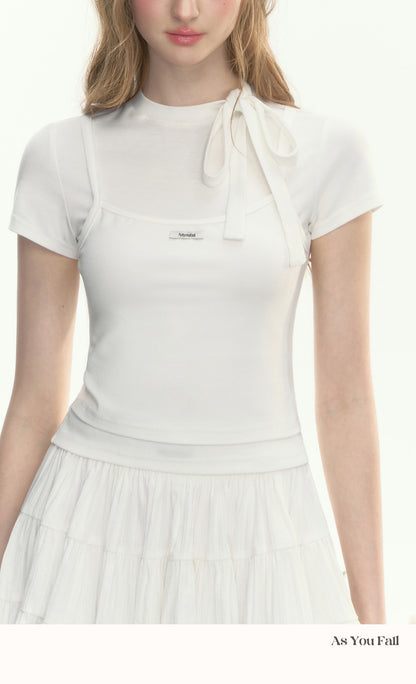 Faux Layered Mock Neck Tie Fitted Top