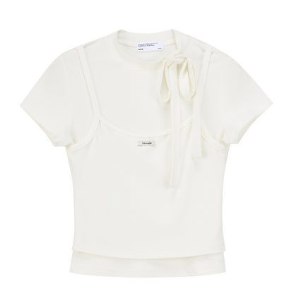 Faux Layered Mock Neck Tie Fitted Top
