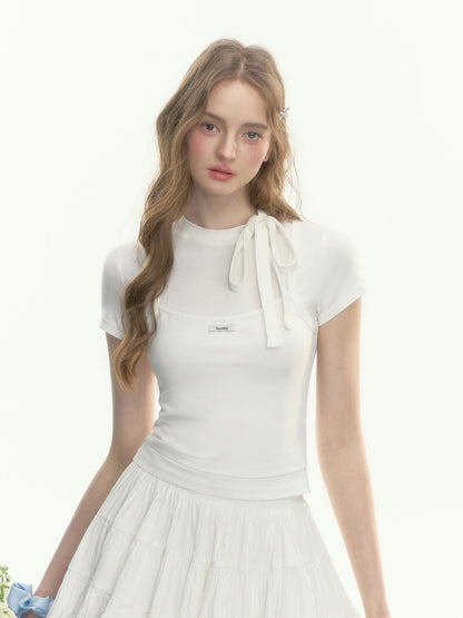 Faux Layered Mock Neck Tie Fitted Top