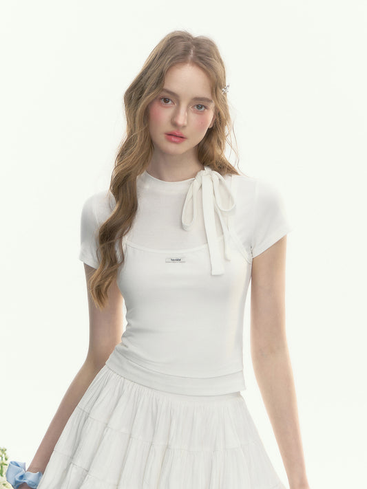 Faux Layered Mock Neck Tie Fitted Top