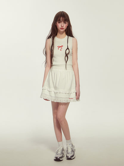 Embroidered Lace Trim Pleated Hem Skirt