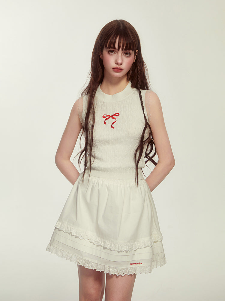 Embroidered Lace Trim Pleated Hem Skirt