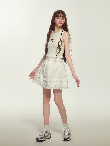 Embroidered Lace Trim Pleated Hem Skirt
