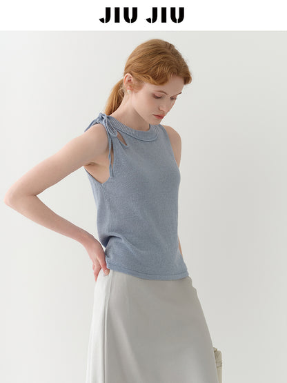 Tie Strap Cutout Shoulder Sleeveless Knit Top