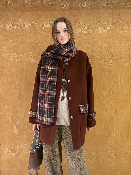 Plaid Wool Blend Double Layer Coat With Matching Scarf