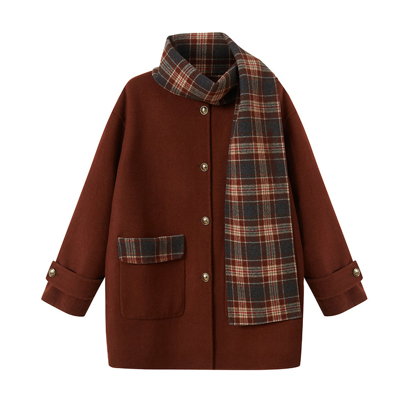 Plaid Wool Blend Double Layer Coat With Matching Scarf