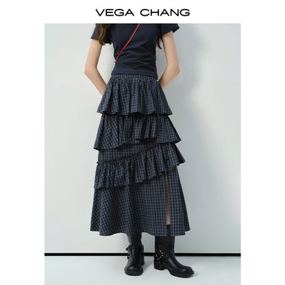Ruffled Tiered Plaid Maxi Skirt With Side Slit