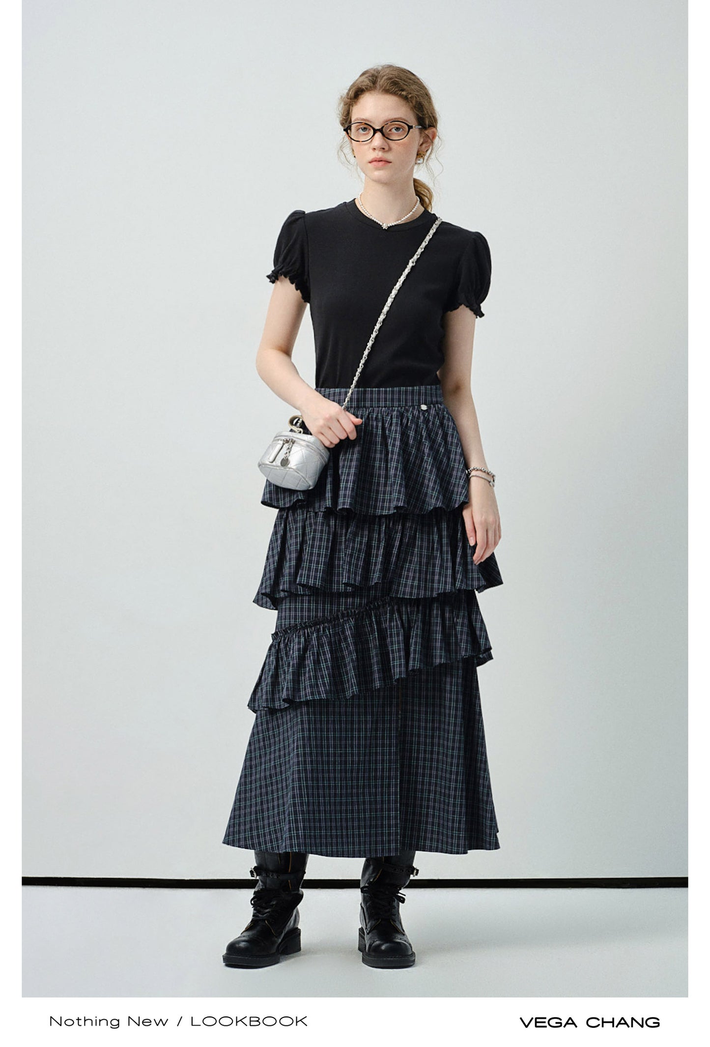 Ruffled Tiered Plaid Maxi Skirt With Side Slit